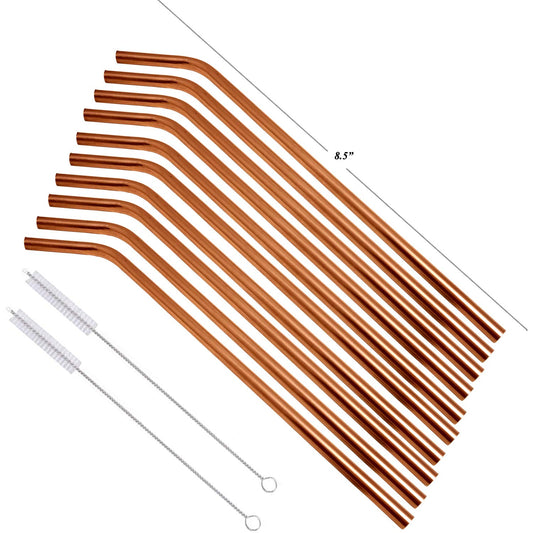 Prisha India Craft Bend Copper Drinking Straws 8.5 Inch with Cleaning Brush
