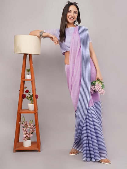Vasthrlay Pink Printed Linen Saree With Unstitched blouse piece