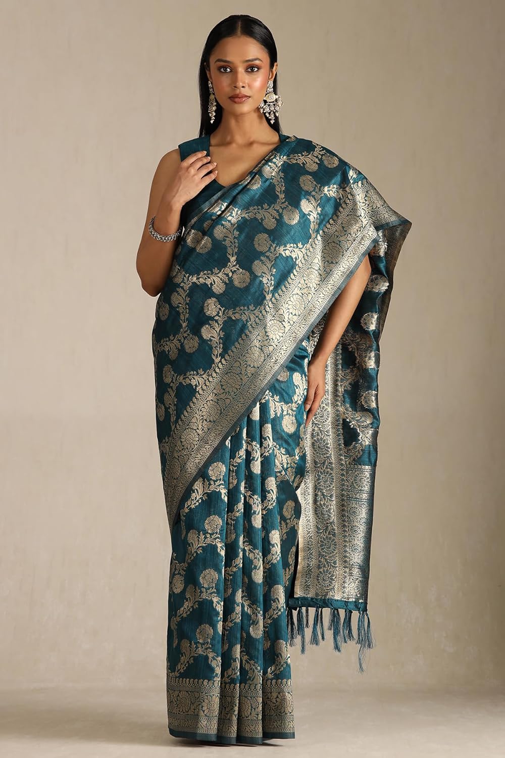 Vasthrlay Beige Floral Saree with elegant Tussar styling