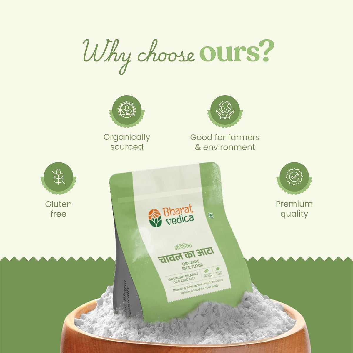 Bharat Vedica Organic Rice Flour in a premium package, showing fine white powder texture, with rice grains. - Image 3