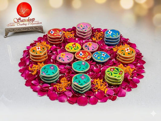 Saudeep India Handmade Hand Painted Terracotta Clay Diya for Diwali