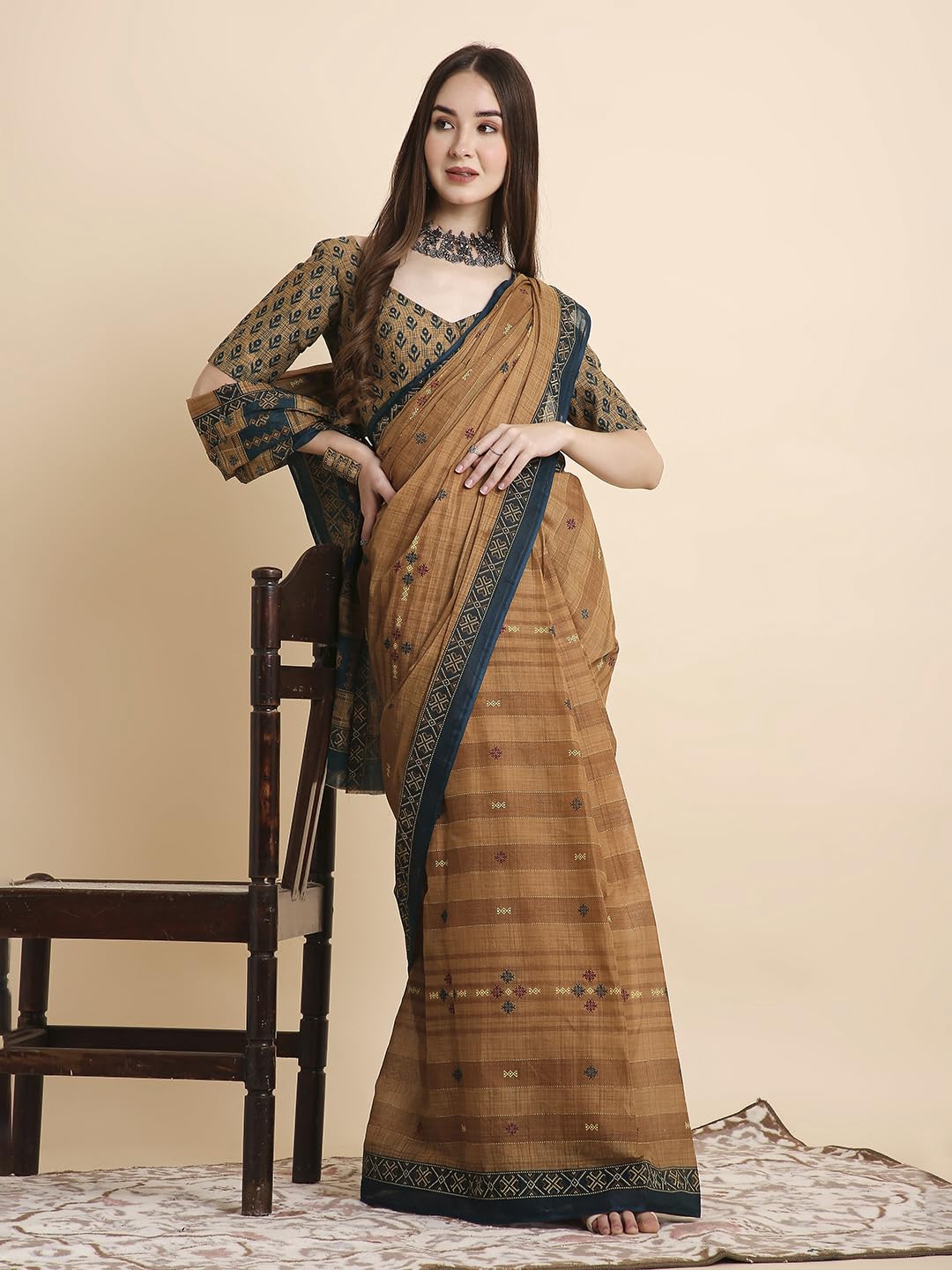 Vasthrlay Cotton Brown Saree with decorative printed design