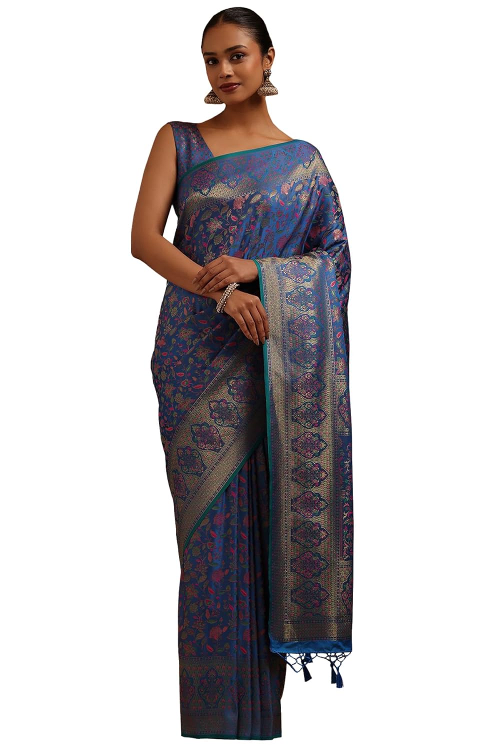 Vasthrlay Yellow Tussar Floral Saree for festive ethnic occasions