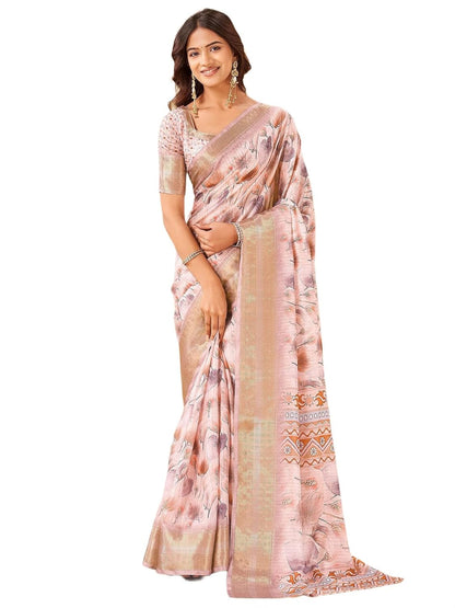 Vasthrlay Printed Jacquard Light Pink Saree With Unstitched Blouse Piece