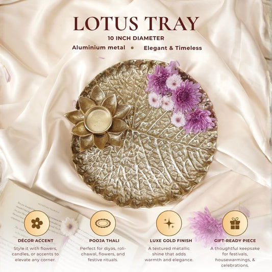 Behoma Golden Metal Lotus Pooja Thali with Tea Light Holder 25.5 cm