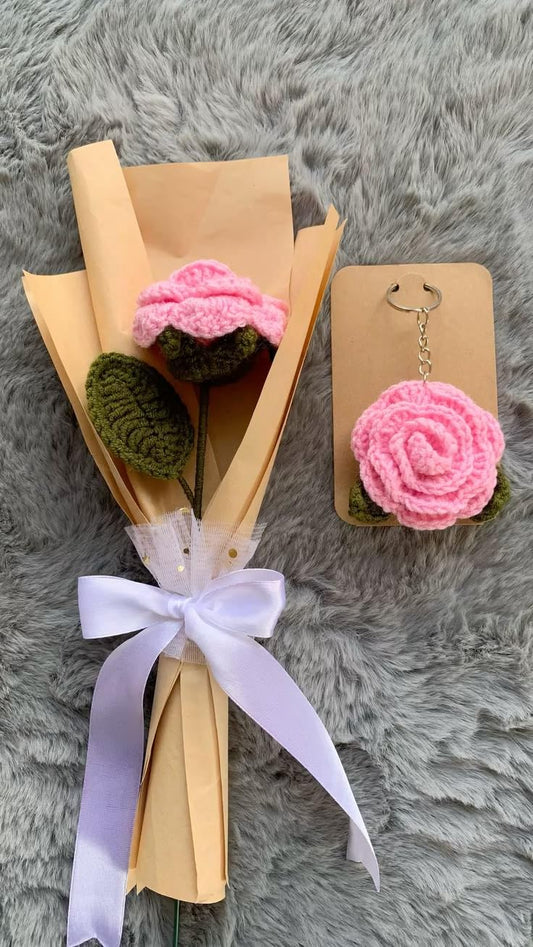 Crochet Rose Bouquet with Matching Rose Keychain, Pink - image 1