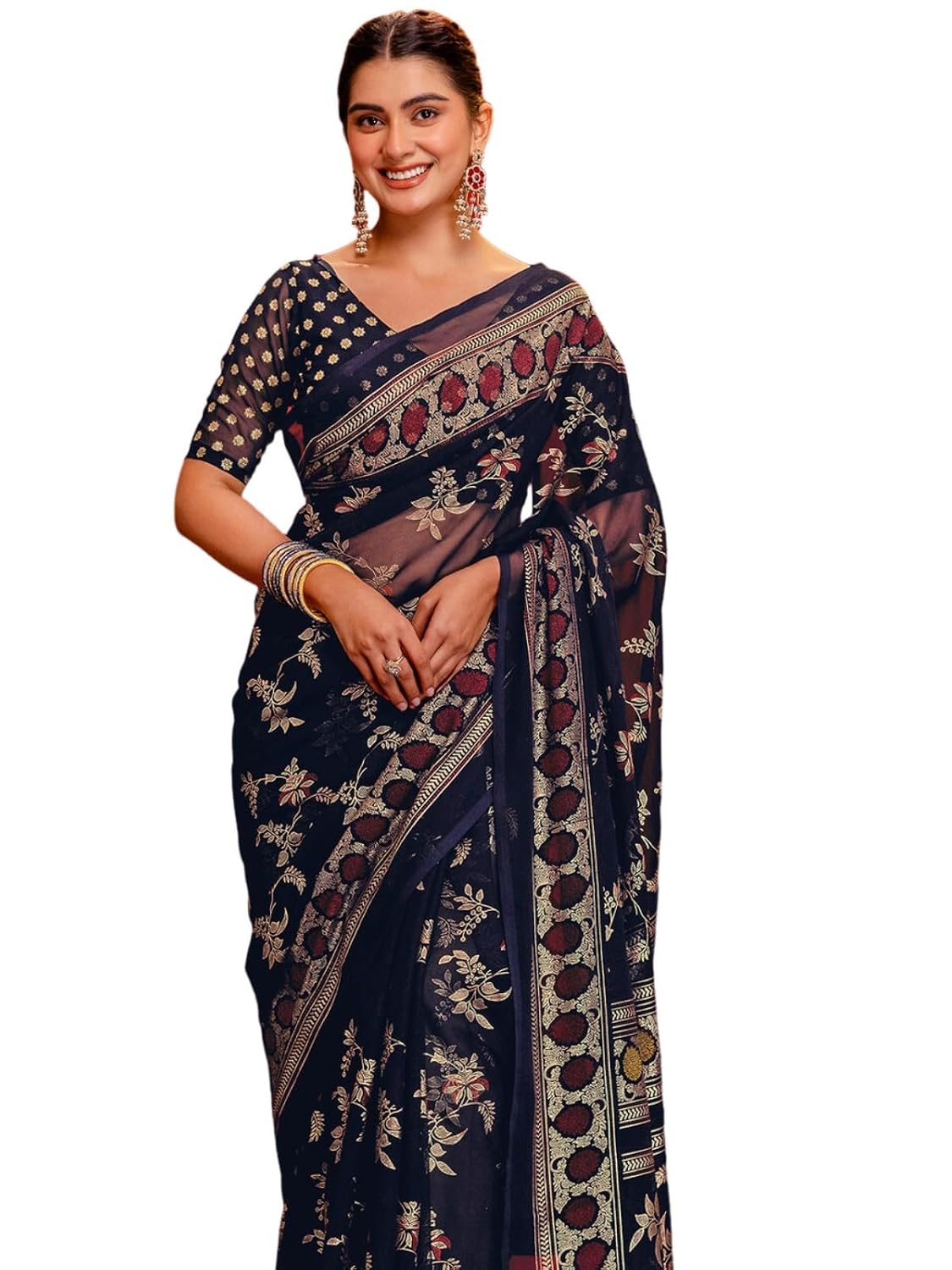 Vasthrlay Georgette Printed Navy Blue Saree With Unstitched Blouse Piece