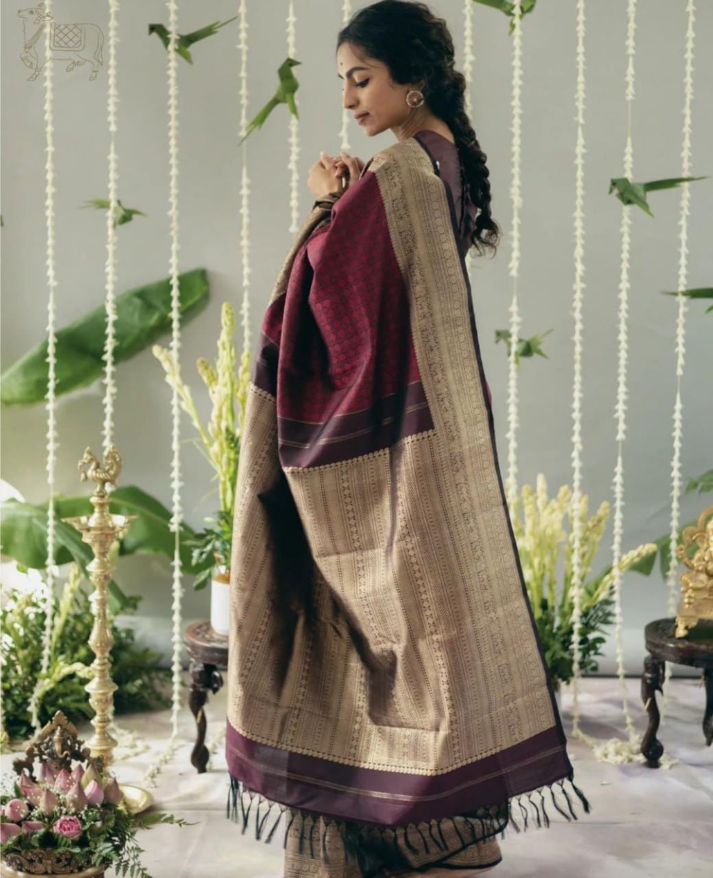 Vasthrlay Traditional Saree in Maroon with refined kanjivaram ethnic appeal