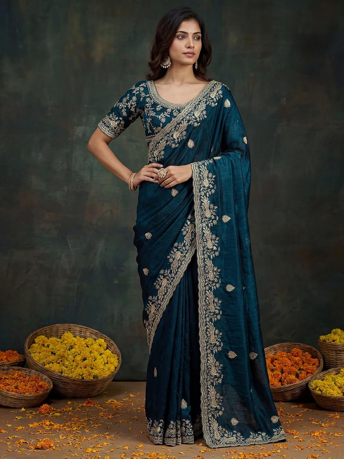 Vasthrlay ethnic saree in Dark Green colour for festive occasions