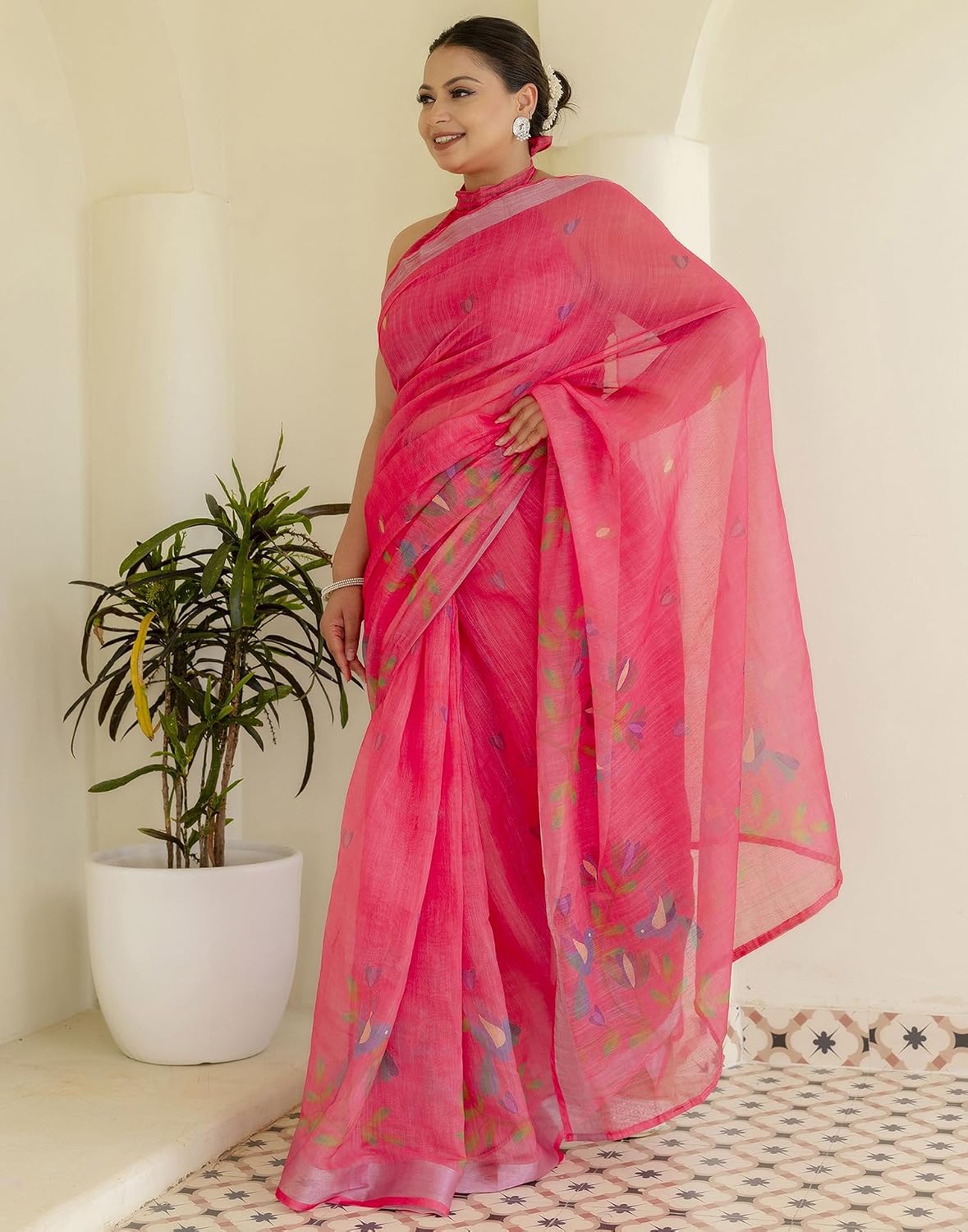 Vasthrlay Orange saree with Printed styling and ethnic look
