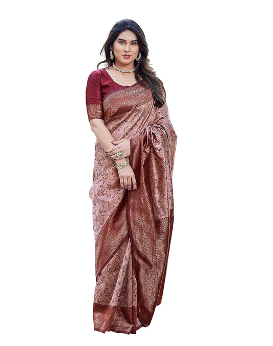 Vasthrlay Maroon Banarasi Kanjivaram Traditional Ethnic Wear for festive occasions