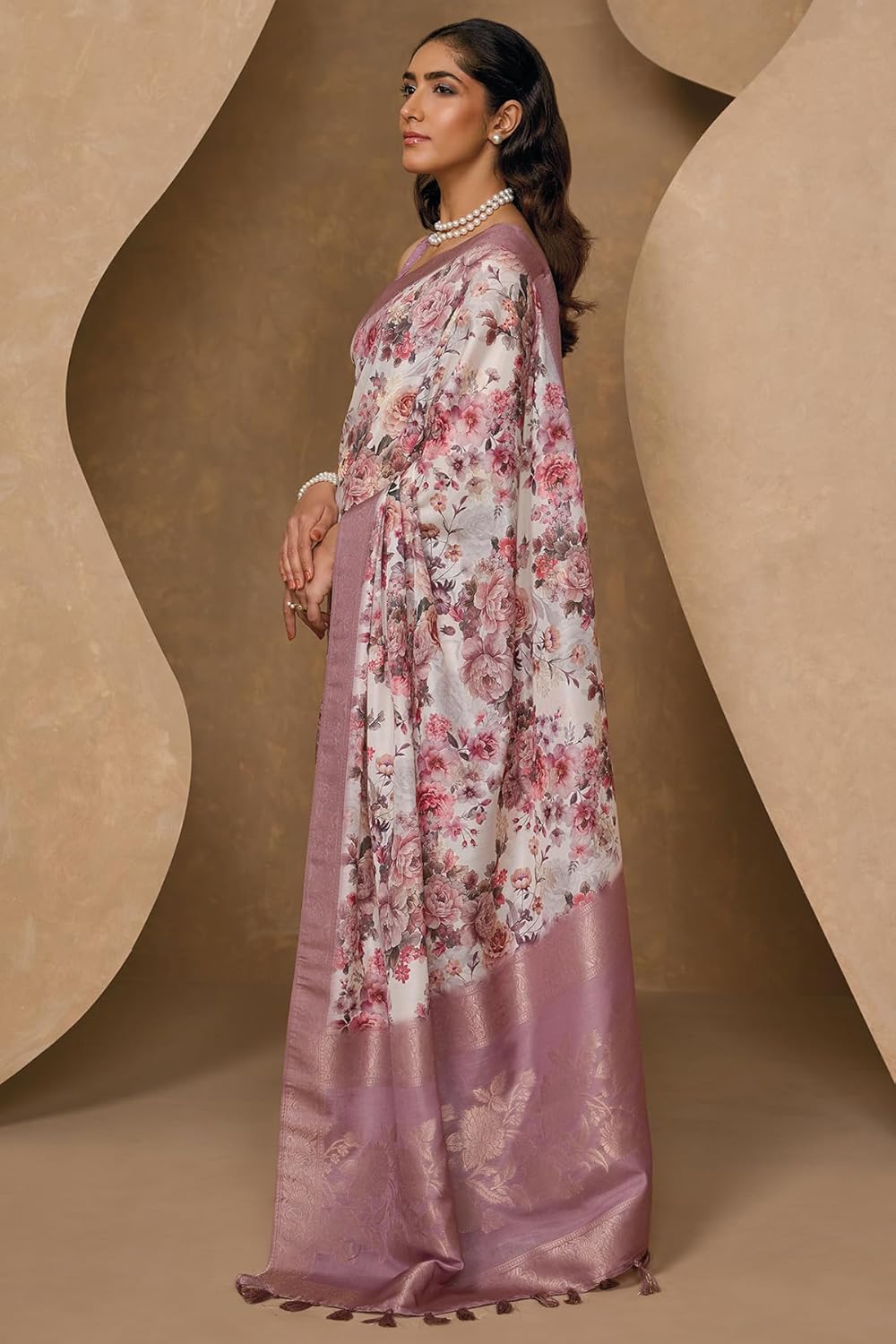Vasthrlay White Floral Saree with elegant Chanderi styling