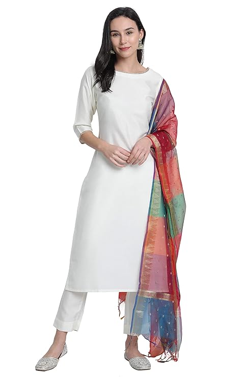 Vasthrlay Women's Off-White Poly Silk Solid Kurta with Pant and Dupatta - PUSHMYCART