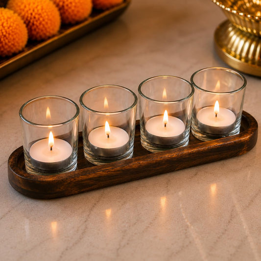 Pure Source India Glass Votive Tealight Candle Holders Set of 4 with Wooden Tray and Tealights Clear