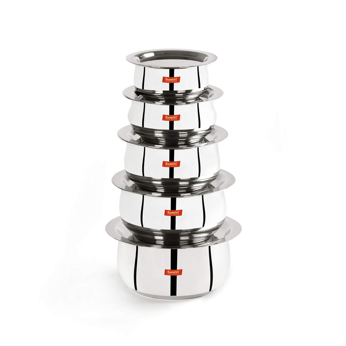Stainless Steel Belly Shape 5 Pc Tope, Cookware, Pot Set with Lid 380ML, 500ML, 5 Pcs