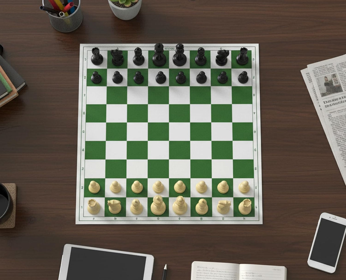 StonKraft Tournament Chess Vinyl Foldable Board 18.2 Inch with Solid Plastic Pieces and Two Extra Queens
