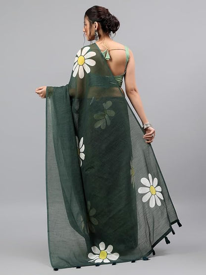 Vasthrlay Dark Green Linen Floral Printed Saree with solid Unstitched Linen Blouse Piece