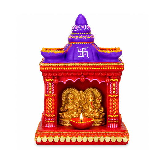 UPHARKARO Decorative Clay Laxmi Ganesh Hatri 9 Inch Handmade Diwali Pooja Temple with Diyas