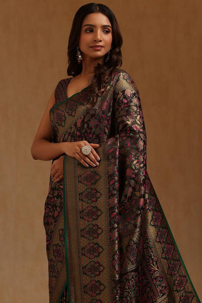 Vasthrlay Yellow Floral Saree with elegant Tussar styling