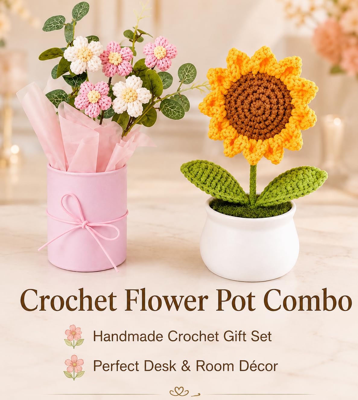 Crochet Sunflower & Pink Flower Bouquet Combo - image 5