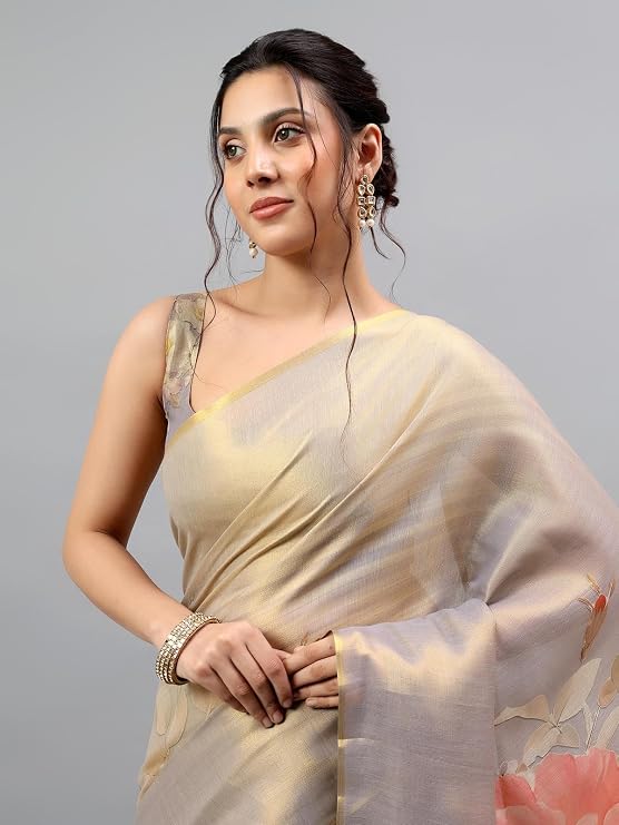 Vasthrlay Womens Grey Floral & Solid Design Polyester Saree With Unstitched Blouse Piece