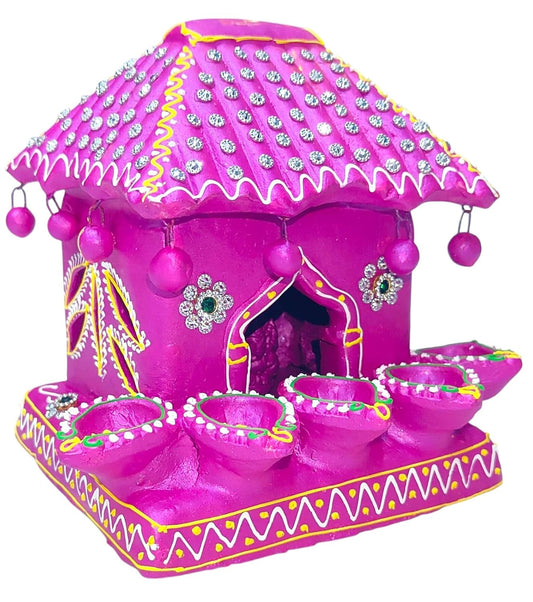 Indian Artisans Handmade Clay Pink Hatri Table Diya House Design Set of 5 Diyas for Diwali Pooja