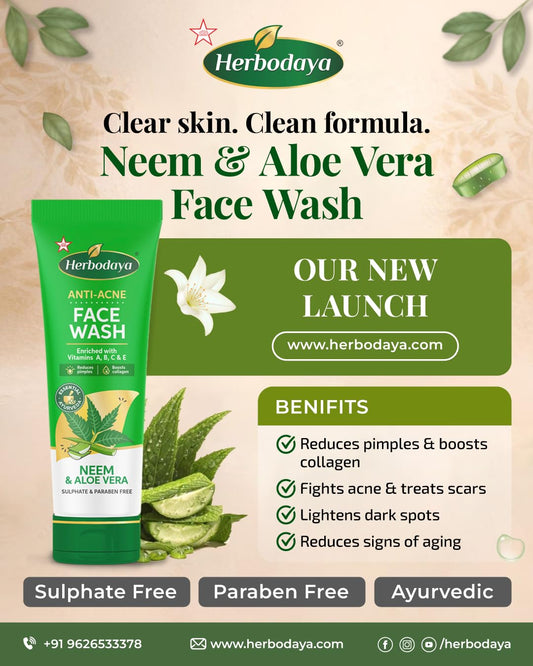 Herbodaya Anti Acne Face Wash with Neem & Aloe Vera, showing product bottle and natural ingredients. - Image 2