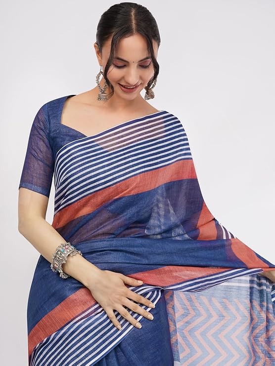 Vasthrlay Blue Womens Printed Linen Saree With Unstitched Blouse Piece