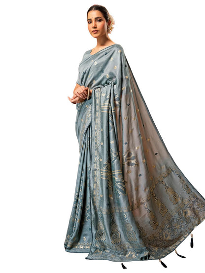 Vasthrlay Vichitra Printed Grey Saree With Unstitched Blouse Piece