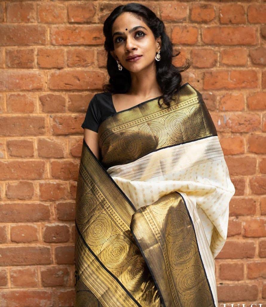 Vasthrlay Banarasi White Saree with decorative traditional design