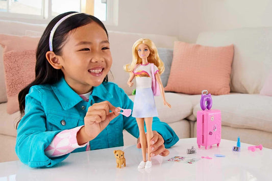 Barbie Malibu Doll Travel Set with Puppy and Accessories Including Working Suitcase