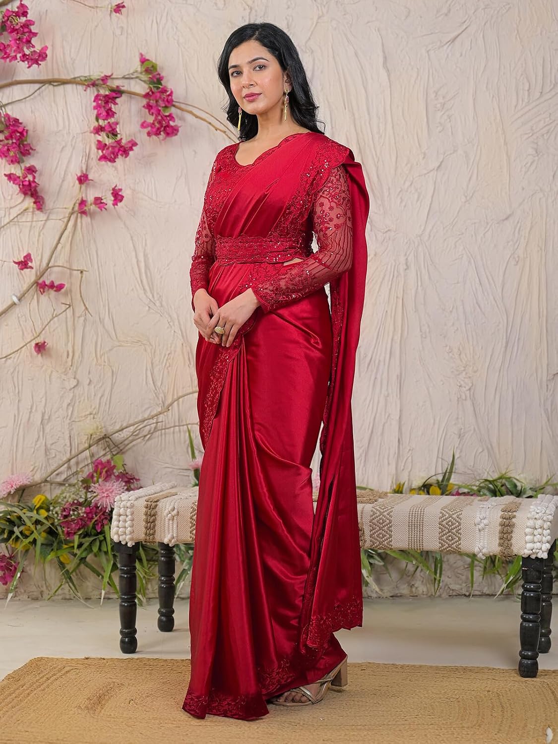 Vasthrlay Red saree with Sequins styling and ethnic look