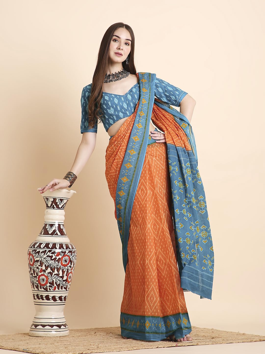 Vasthrlay Blue Saree with elegant cotton and printed styling