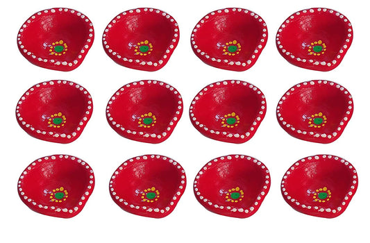GIRLYZ Attire Handmade Red Clay Mitti Diya Set of 12 with Cotton Wicks