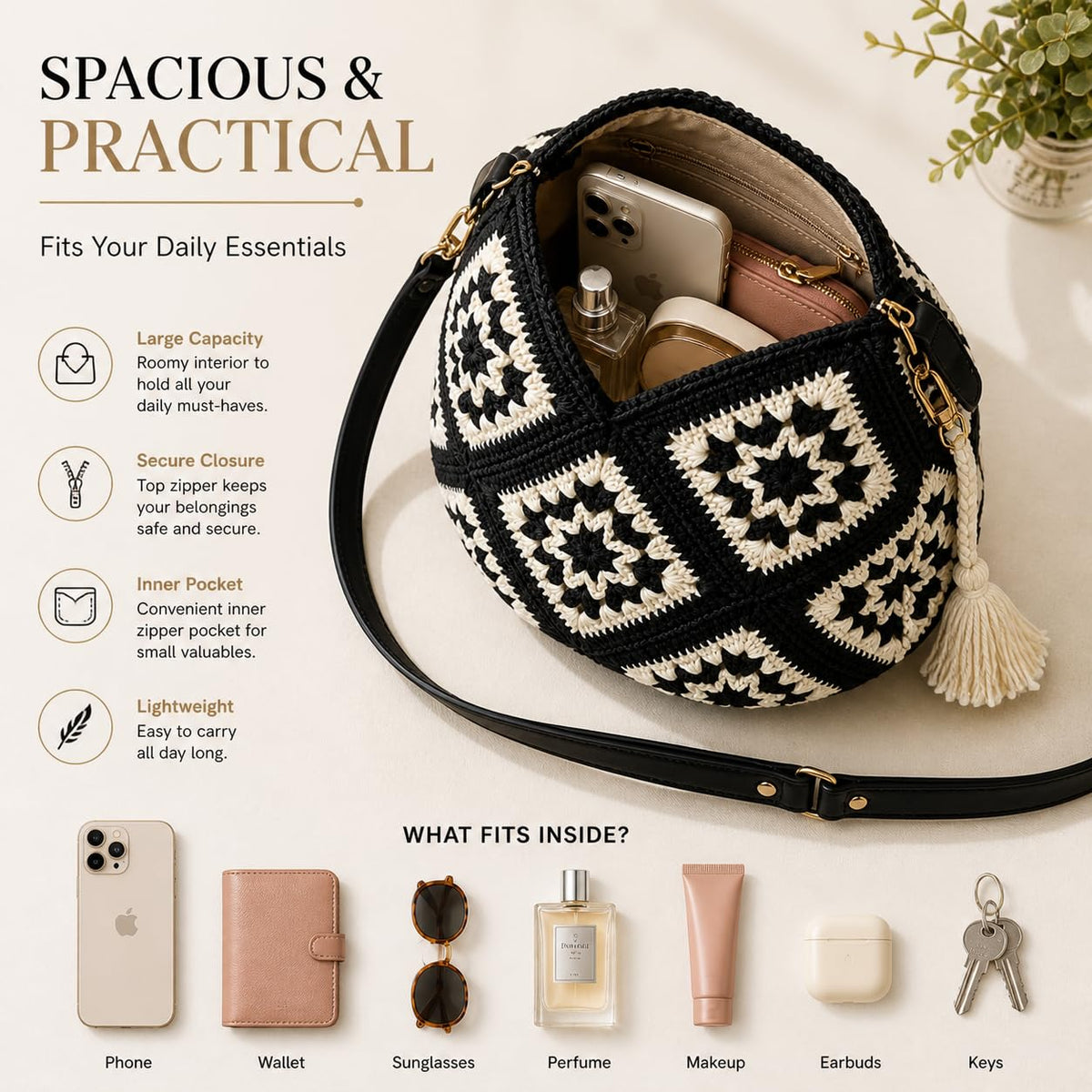 Black & White Crochet Tote Bag - image 5