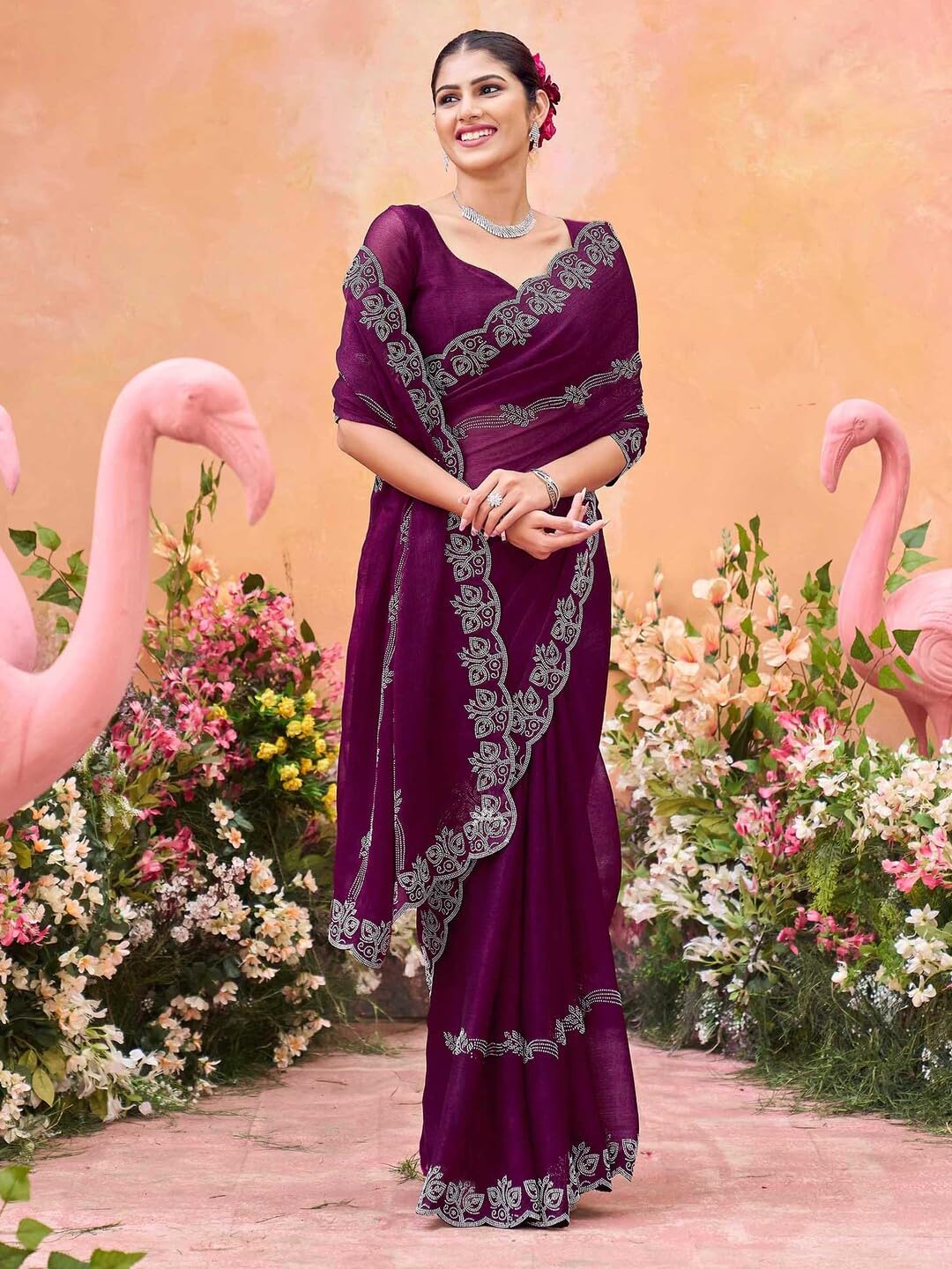 Vasthrlay Chiffon saree in Maroon colour for festive occasions