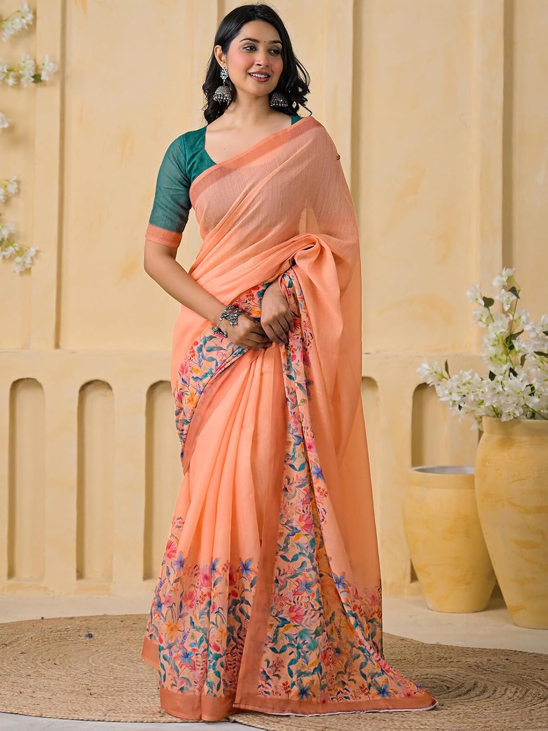 Vasthrlay Printed saree design in Peach traditional style