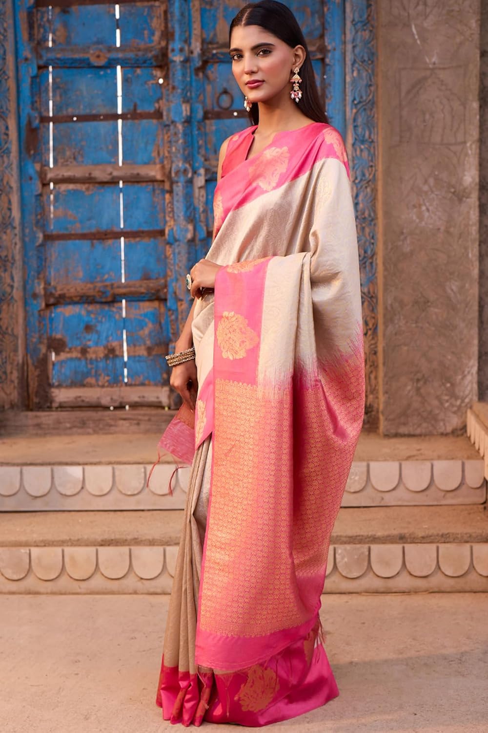 Vasthrlay Beige Woven Saree with elegant Tussar styling