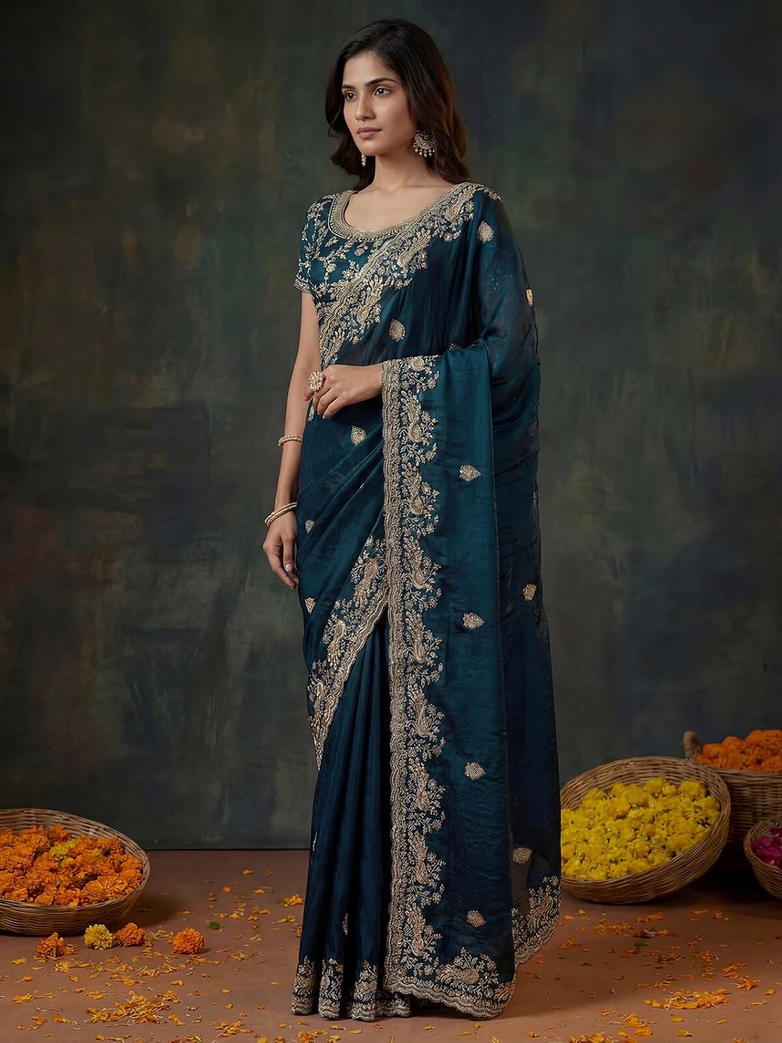 Vasthrlay Dark Green saree with Embroidery styling and ethnic look