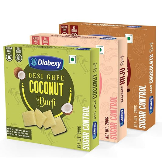 Diabexy Sugar Free Sweets Barfi Combo (Coconut, Kaju & Dark Chocolate) - PUSHMYCART
