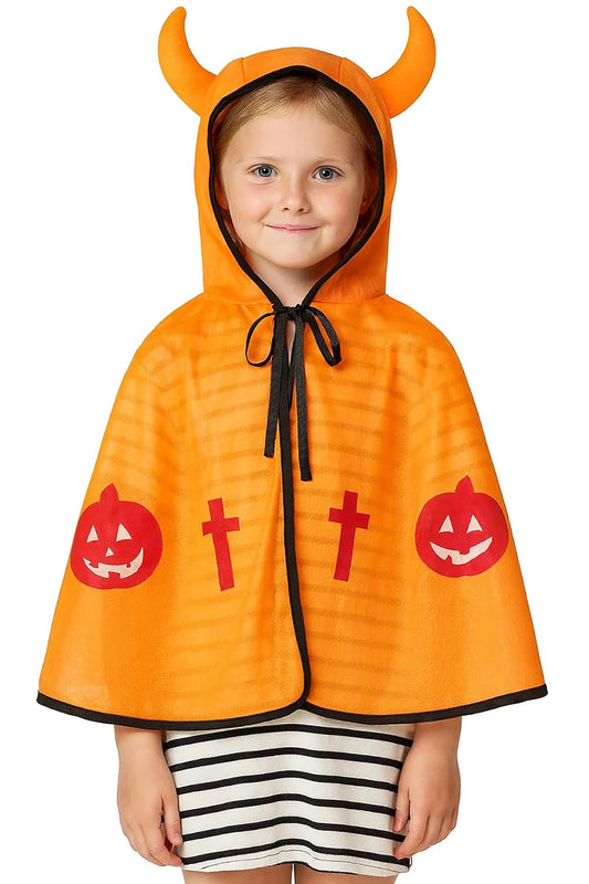 FancyDressWale Kids Halloween Orange Hooded Cape with Devil Horns