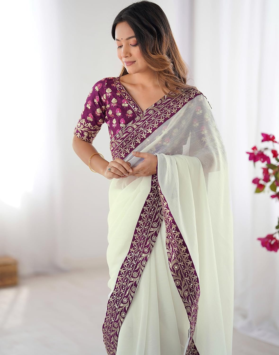 Vasthrlay Off White Sequence saree for ceremony and occasion wear