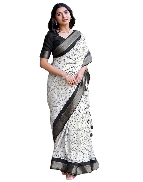SIRIL Women's Printed Cotton Saree with Unstitched Blouse Piece