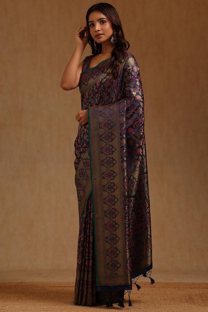 Vasthrlay Tussar Yellow Saree with decorative Floral design