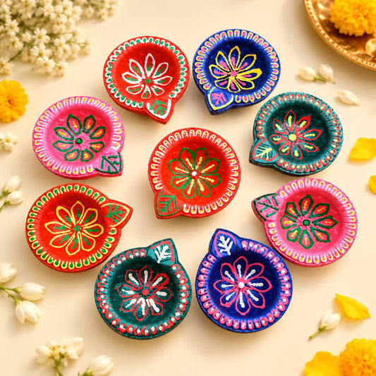 BS Natural Handmade Painted Mitti Diya Pack of 9 for Diwali and Pooja
