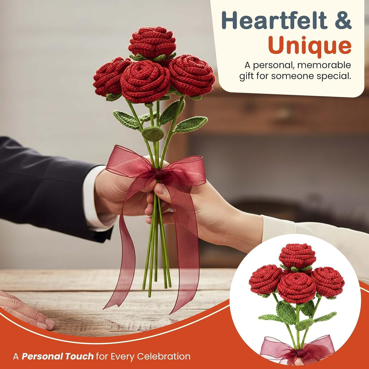 Handmade Crochet Flower, Red Roses 5 Pack - image 3