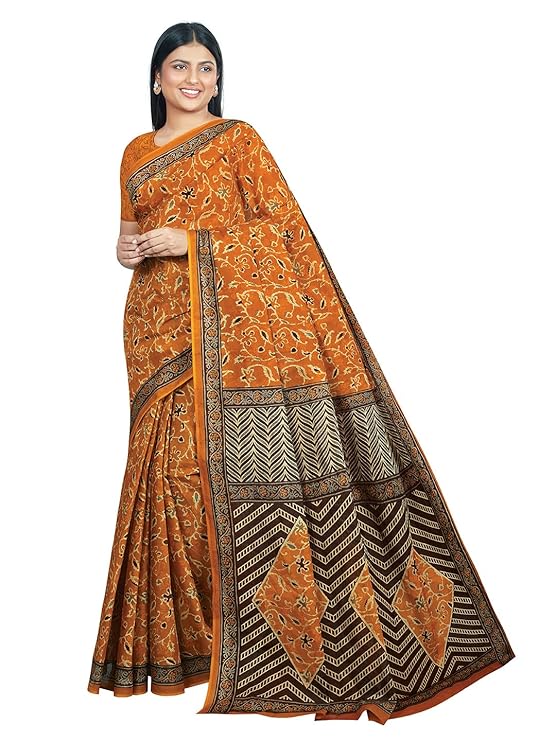 RANI SAAHIBA Women's Pure Cotton Printed Saree With Blouse Piece