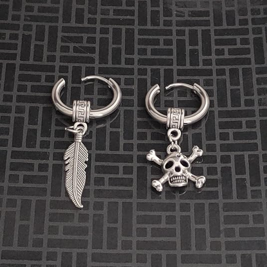M Men Style Men Gothic Skeleton Head Dangle Hoop Studs