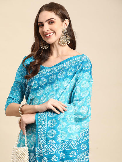 Vasthrlay Cotton Blue Saree with decorative printed design