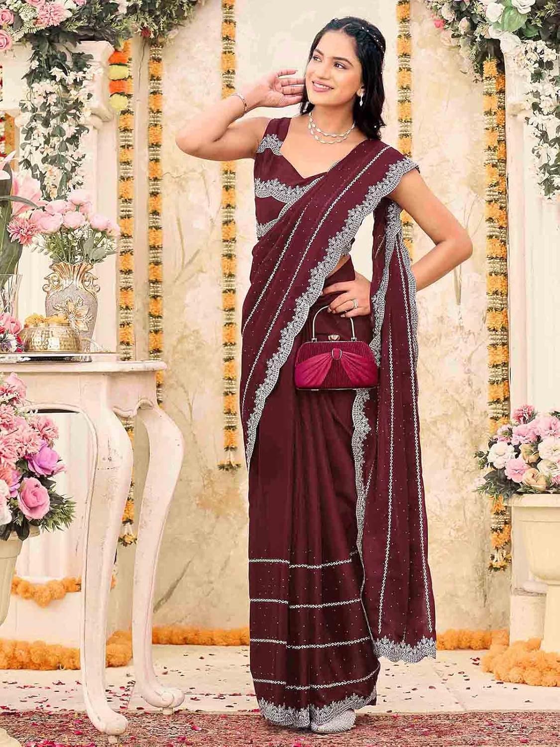Vasthrlay Wine Embroidery Saree with elegant georgette styling